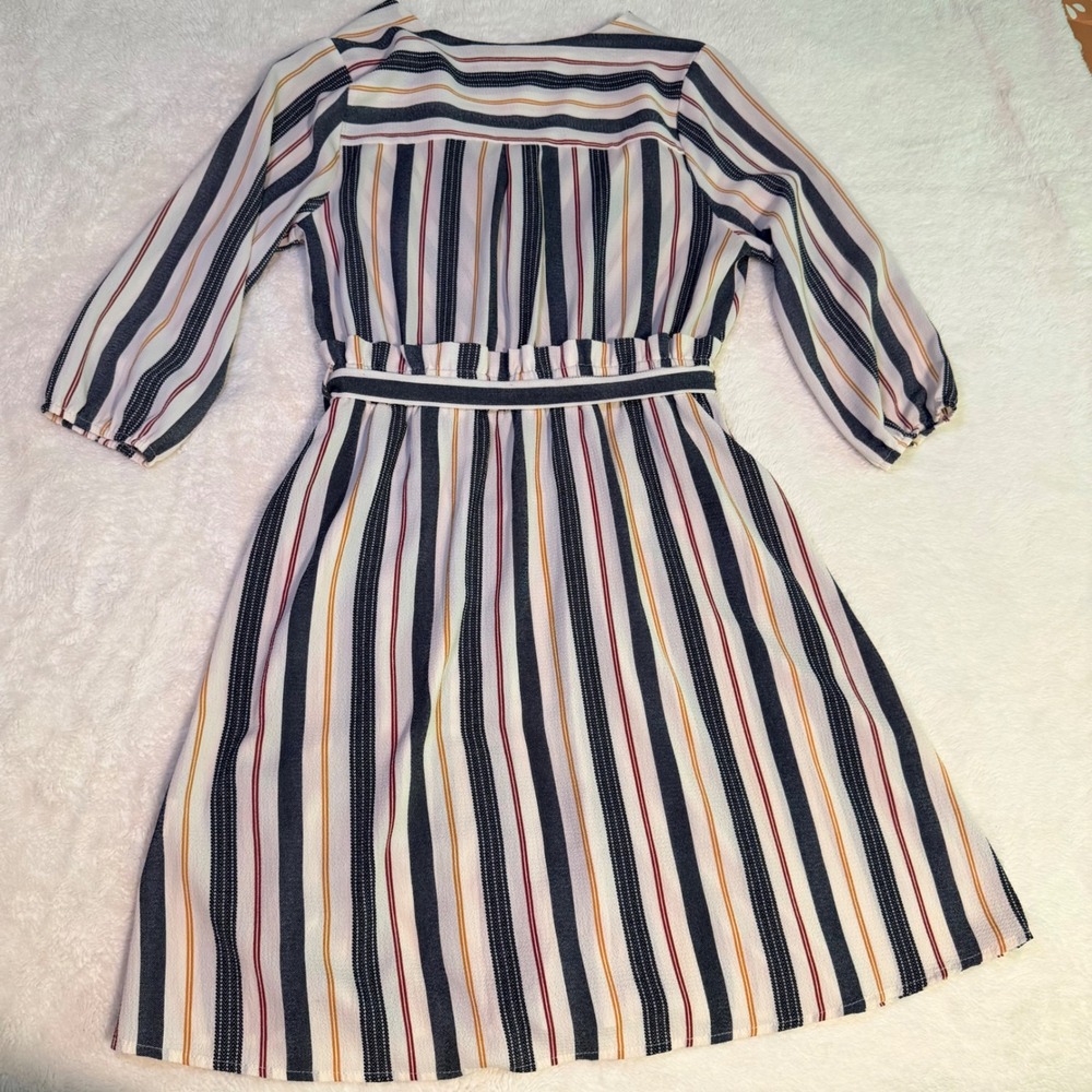 Monteau Los Angeles Striped Wrap Dress Navy Orange Cream V-Neck Pockets Large - Picture 16 of 16